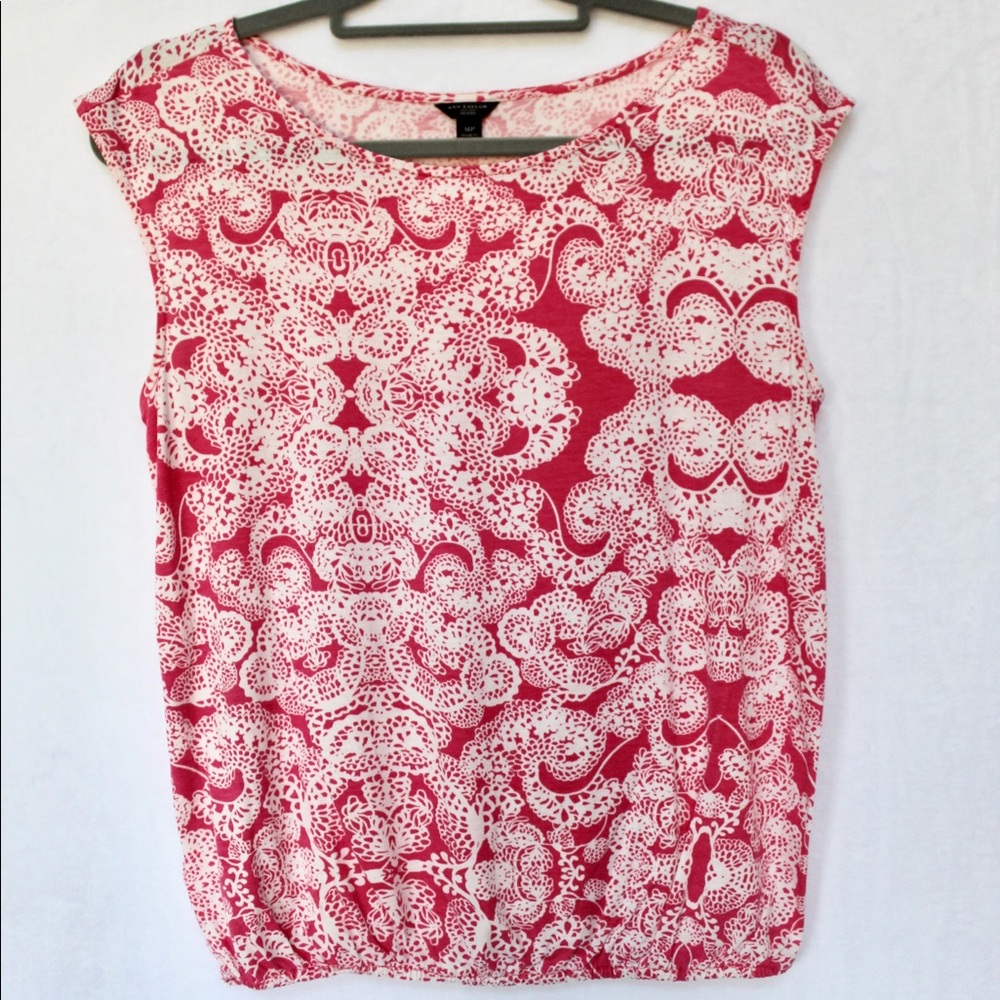Ann Taylor Pink & White Cap Sleeve Top Size MP